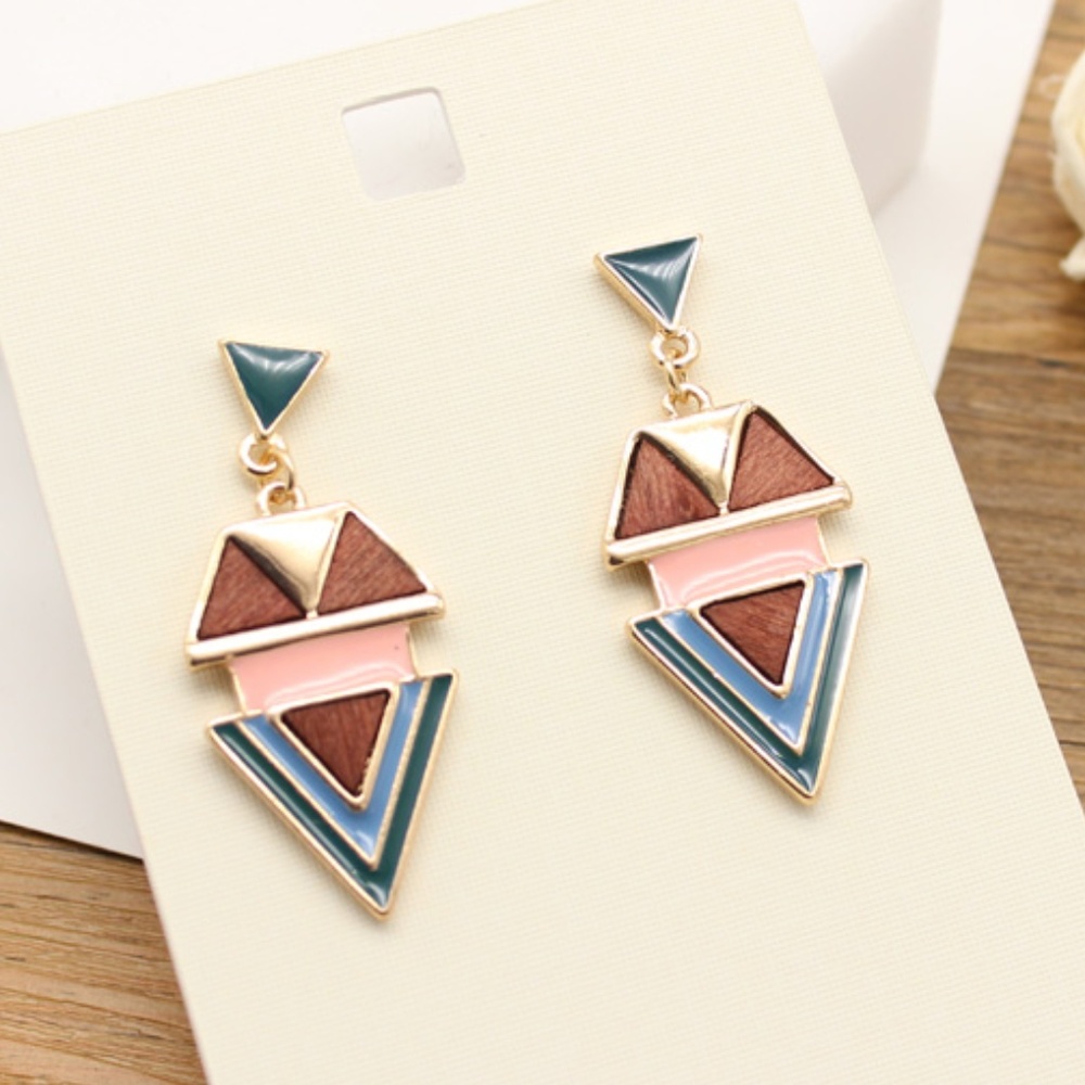 NEW Wood Enamel Geometric Earrings - Picture 1 of 3